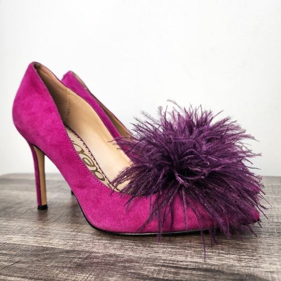 Sam Edelman Haide Feather Suede Leather Pom Pom Stiletto Pumps Heels Size 6 Glam - Picture 1 of 7